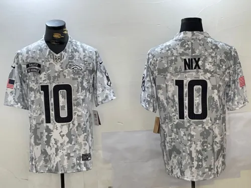 Denver Broncos 10 Bo Nix Football Jersey Salute to Service Retired Arctic Camo