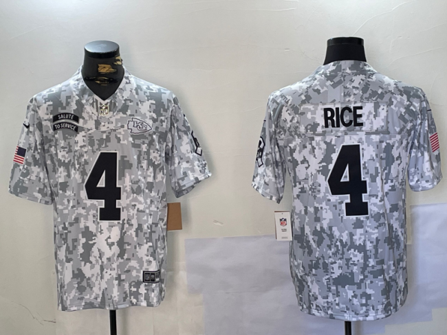 Kansas City Chiefs 4 Rashee Rice Football Jersey Salute to Service Retired Arctic Camo