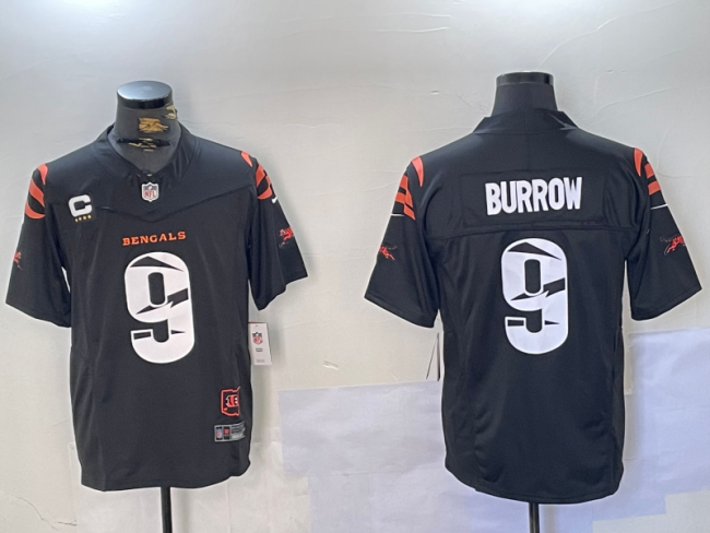 Cincinnati Bengals 9 Joe Burrow Football Jersey Black Three Dynasties
