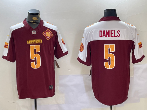 Washington Commanders 5 Jayden Daniels Football Jersey Red Three Dynasties