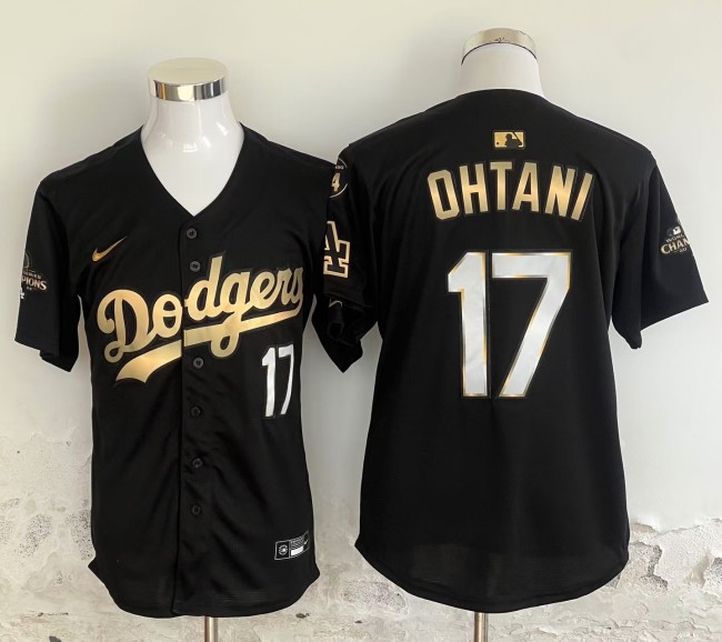 Nike Los Angeles Dodgers 17 Shohei Ohtani Baseball Jersey Black Gold Champion