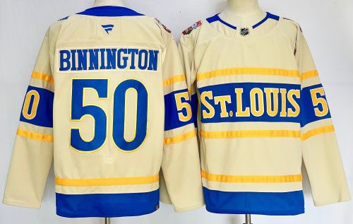 Fanatics St. Louis Blues 50 Jordan Binnington Ice Hockey Jersey Beige