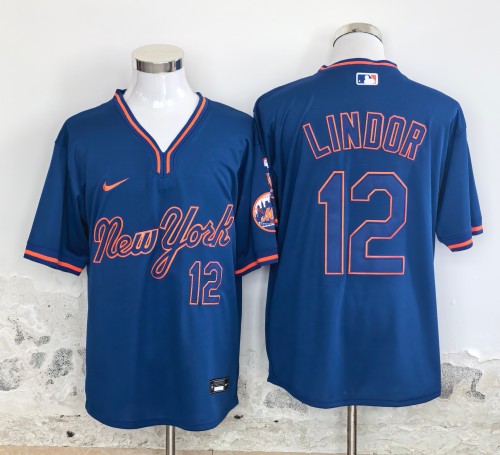 New York Mets 12 Francisco Lindor Baseball Jersey Blue retro