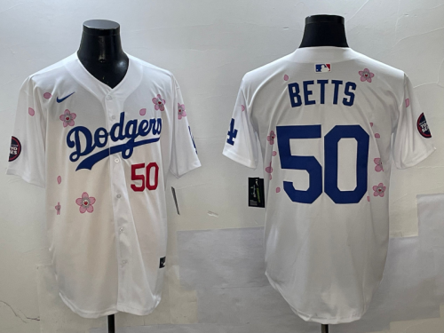 Nike Los Angeles Dodgers 50 Mookie Betts Baseball Jersey White Cherry Blossom Edition