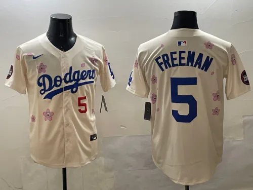 Nike Los Angeles Dodgers 5 Freddie Freeman Baseball Jersey Beige Cherry Blossom Edition