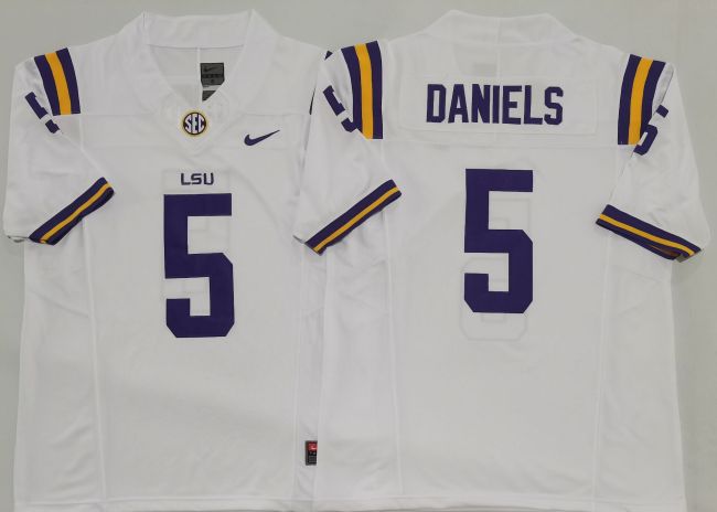 LSU Tigers 5 Jayden Daniels Coolege Football Jersey White Three Dynasties
