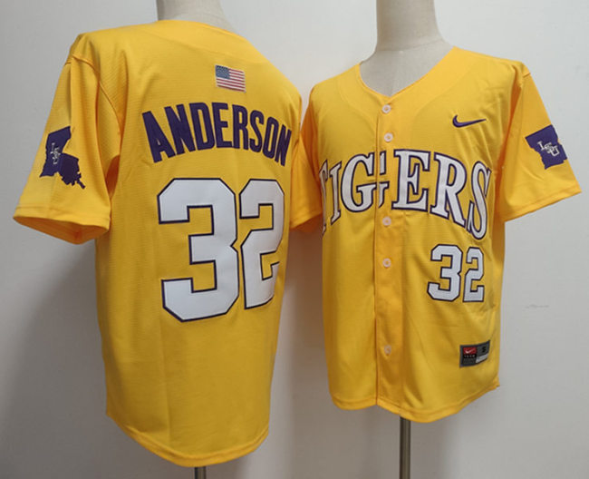 LSU Tigers 32 Kade Anderson College Baseball Jersey Yellow