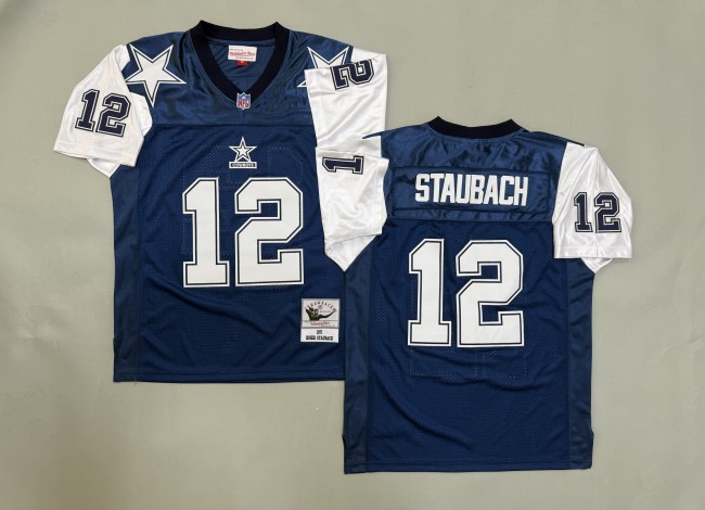 Dallas Cowboys 12 Roger Staubach Football Jersey Navy Blue Retro