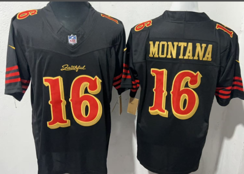 San Francisco 49ers 16 Joe Montana Football Jersey Black Three Dynasties