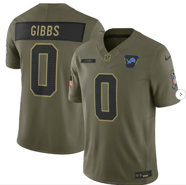 Detroit Lions 0 Jahmyr Gibbs Football Jersey Salute to Service