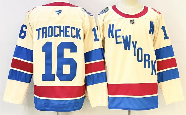 Fanatics New York Rangers 16 Vincent Trocheck Ice Hockey Jersey Beige
