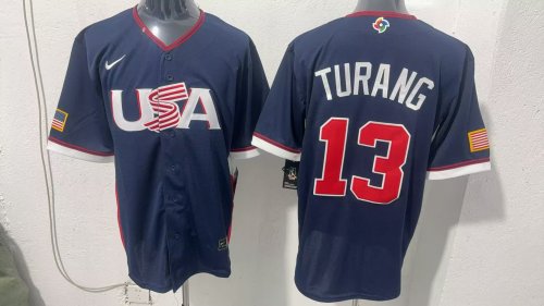USA  13 Brice Turang Baseball Jersey Navy Blue