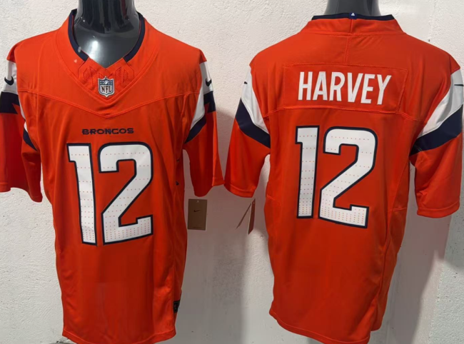 Denver Broncos 12 RJ Harvey Football Jersey Orange Three Dynasties