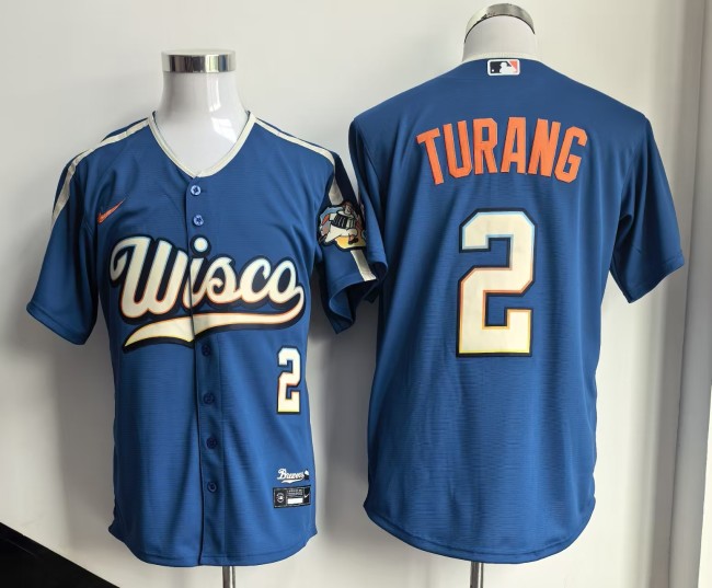 Milwaukee Brewers 2 Brice Turang Baseball Jersey Blue