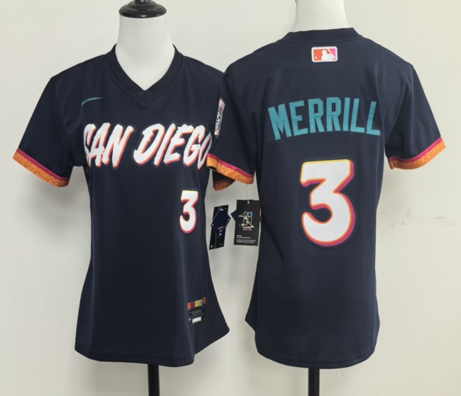 Women San Diego Padres 3 Jackson Merrill Baseball Jersey pullover style