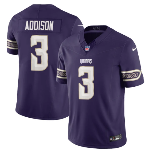 Minnesota Vikings 3 Jordan Addison Football Jersey Three Dynasties Purple