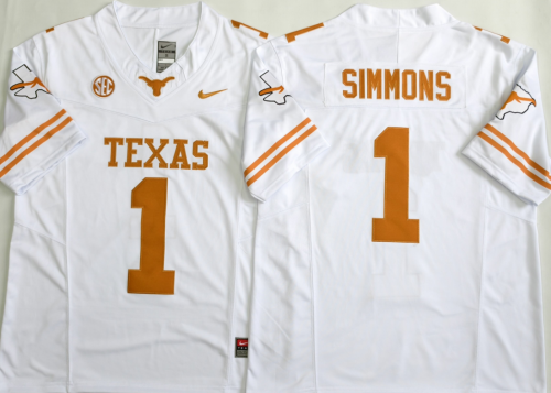 Texas Longhorns 1 Colin Simmons College Football Jersey Three Dynasties White