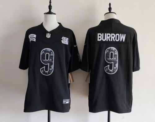 Cincinnati Bengals 9 Joe Burrow Football Jersey black Salute to Service