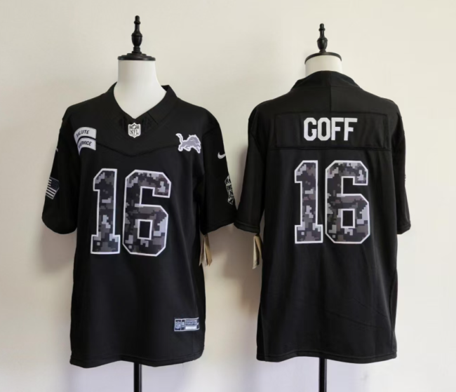 Detroit Lions 16 Jared Goff  Football Jersey black Salute to Service