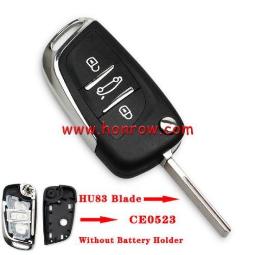 For Peugeot 3 button modified flip remote key blank with HU83 407 Blade- 3Button -Trunk- Without battery Holder