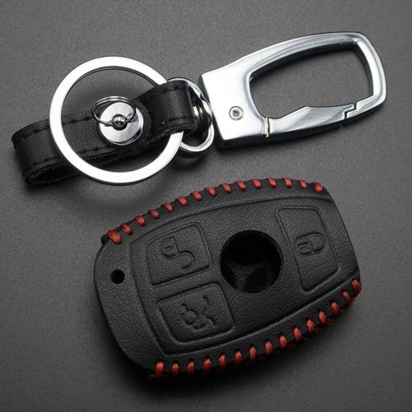 For Benz 3 button key cowhide leather case used for C180 C260 C-class E-class GLK ML S-class with key ring