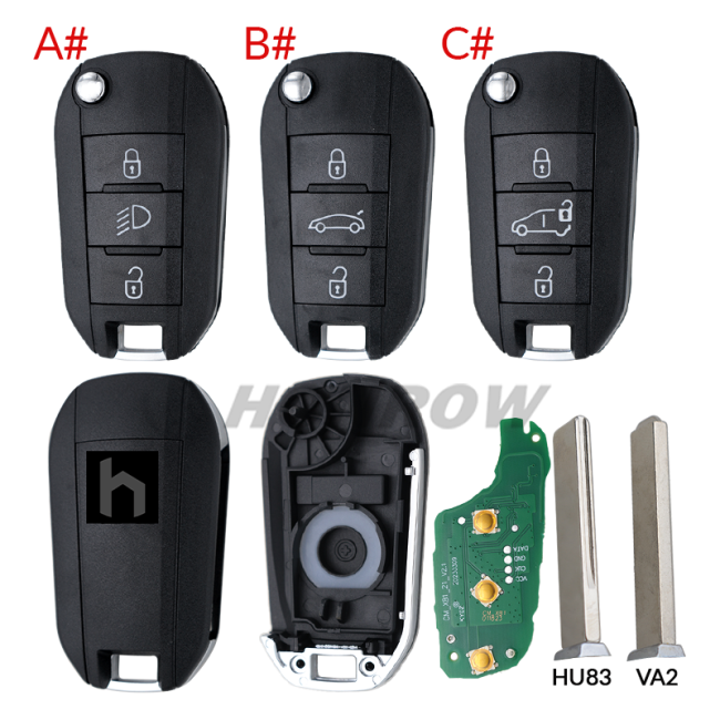 For Peugeot 3 Button Remote Key with 433MHz and HITAG AES 4A Chip