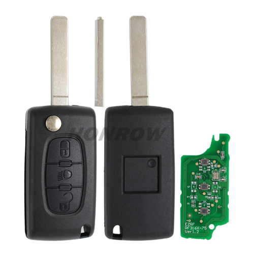 For Peu 3 button flip remote key with VA2 307 blade (With Light button)  433Mhz ID46 PCF7961 Chip ASK Model