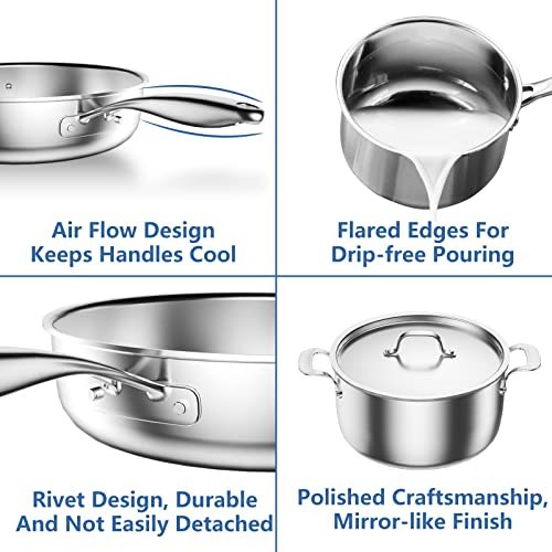 Nuwave Pro-Smart 9pc Stainless Steel Cookware Set, Heavy-Duty Tri-Ply 3.1mm Thickness, 18/10SS, Space Saving Nestable Design, Stay-Cool Handles, Induction-Ready, Works on All Cooktops, 20Yeär Wärranty
