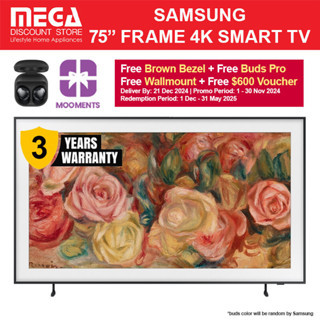 SAMSUNG QA75LS03DAKXXS 75  THE FRAME LS03D QLED 4K SMART TV / Free Wallmount +  Brown Bezel + Galaxy Buds Pro + $600 Moo