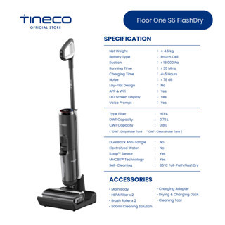 Tineco Floor One S6 FlashDry Wet Dry Vacuum Cleaner Floor Washer | 35min Runtime | 85°C Hot-Air Self Clean | Dual-sided