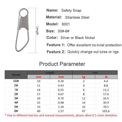 Stainless Steel Fishing Safety Snap ,rated from 2kg -47kg  4 LB -103 LB