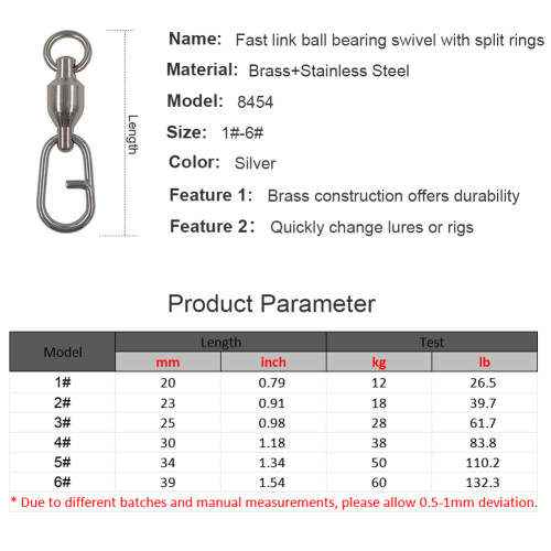 Stainless Steel Fishing Ball Bearing Swivels with Split Snap Saltwater FastLink Fishing Tackle