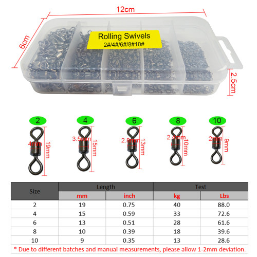 500-pieces Fishing Swivels Kit Rolling Swivel Stainless Steel 2#/4#/6#8#/10# Fishing Connector Hook Link Carp Fishing Equipment