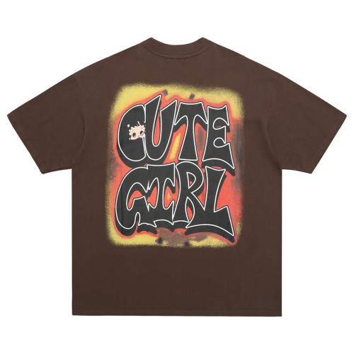 2024 High Quality  Girl and dog Printed Brown T-shirt