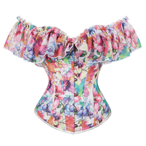 Floral Print Sexy Corset Shirt ff Shoulder Ruffles Sleeves Overbust Corset Top WK1903a