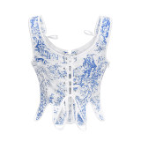 Vintage Corset Shapewear Print Corset Lace Folding Tie Sexy Women Bustier Tops AM22098