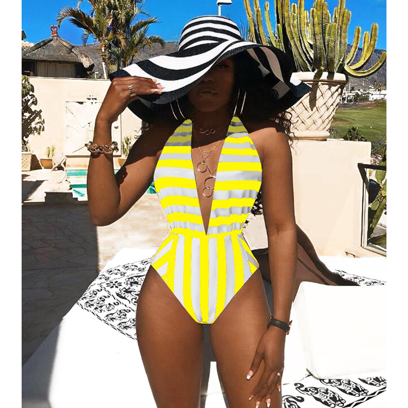 women halter deep V neck white black stripe one piece swimwear M8364