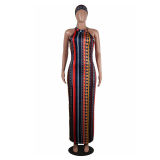 High Stretch Sexy Striped Bodycon Dress With Head Scarf M8288