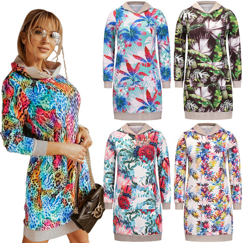 Sweatshirt Hooded Contrast Color Print Loose Long Sleeve Casual Dresses LQ153