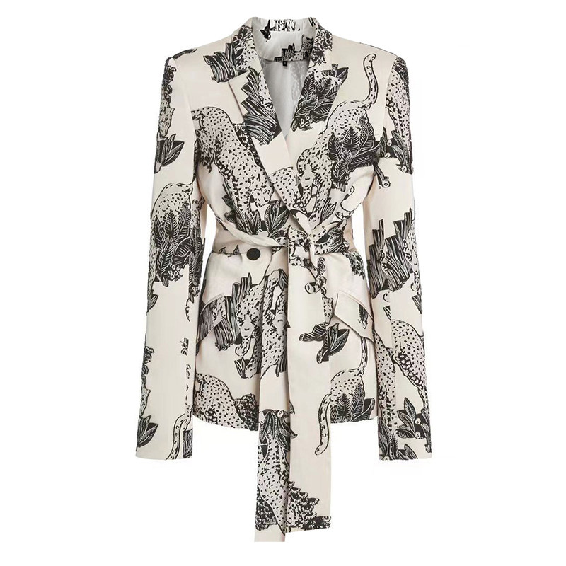 Splash-Ink Flower Print Dress Vintage Tie Waist Suit Jacket Woman Sexy Skirt 5176