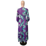 Full Sleeve Belted V-neck Floral Print Boho Chiffon Dress M8450