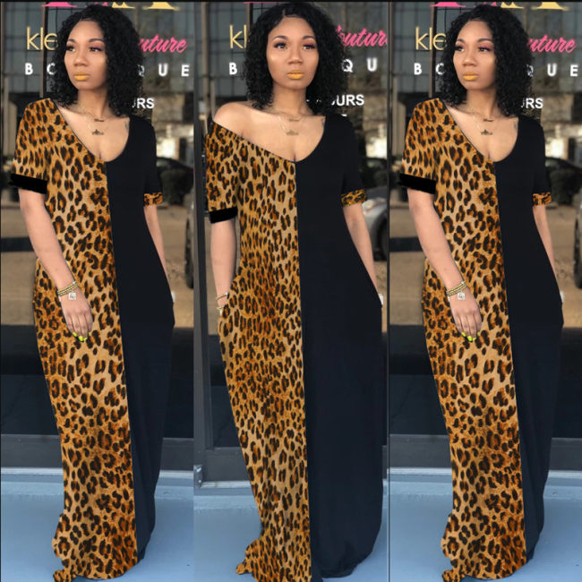 Lady Summer Loose Casual Leopard Pockets Dress M9200