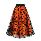 Mesh Double Flocking Floral Skirt With Waist Floral Print Women Full Skirt 5047