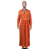 Sexy Women's V-neck Long Sleeve Exquisite Printed Pleated Dress YM8632