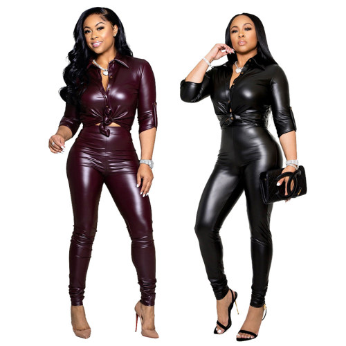 Women States Sexy Fashion Stretch PU Leather Cardigan Sport Two Sets LD81041