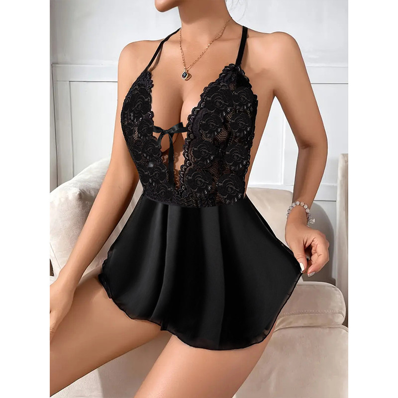 V-neck Dress Lace Nightdress Sexy Backless Black Jumpsuit YSF2047