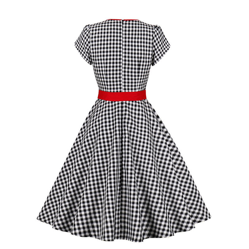 Women Retro Dress Black And White Check Belt Slimming Casual Dress 5039