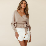 Long Sleeve Knitted Sexy Pull Over V-Neck Short Top Sweater LQ152