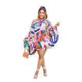 Women New Loose Summer Casual Dress One Shoulder Bat Sleeve Skirt YM8626