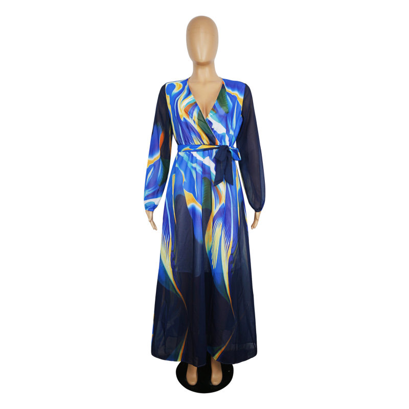 New Summer Printed Chiffon V-neck Maxi Dress M8380